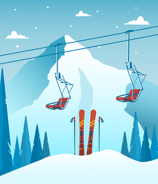  Red ski equipment at the ski resort. Snowy mountains and slopes, winter evening and morning landscape, Snowboarding, skiing, snow, sports, winter mountain landscape, snowy peaks and slopes. 