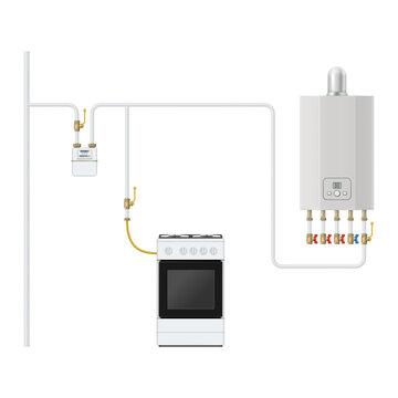 Gas Equipment Connection Diagram. Connecting Gas Meter, Gas Stove And Gas Heater. Vector Illustration.