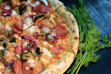Delicious pizza with salami and mushrooms