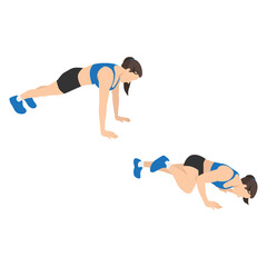 Woman doing Spider man push up exercise. Flat vector illustration isolated on white background