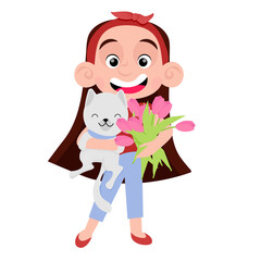 spring girl with flower and cat