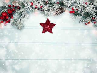 winter background with fir branches decor and snow