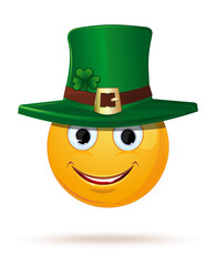 Joyous emoticon with a leprechaun hat. Emoji for Saint Patrick's Day. Vector illustration