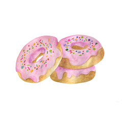 Watercolor illustration of donuts. With pink icing.