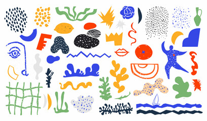 Set of fashionable doodles and abstract nature icons on isolated white background. Minimalist art, boho style decor. Vector. Collection for decor. Unusual organic shapes in hand drawn matisse style.