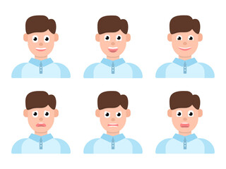 Various emotions for kids. Friendly, joyful, happy, sad, angry, surprised. Cute young boy emoji with different facial expressions. Vector illustration in cartoon style.