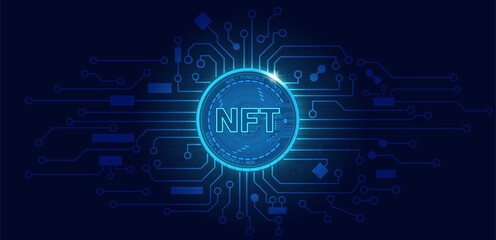 Non fungible token NFT.Technology background with circuit.NFT logo dark blue.Crypto currency concept.