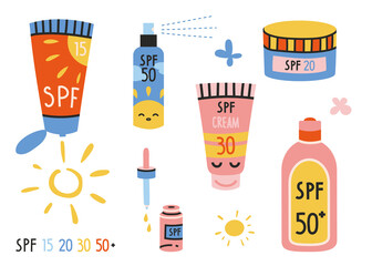 Set with sunscreen products in different packages, SPF in cartoon style. Protection for the skin from solar ultraviolet light.