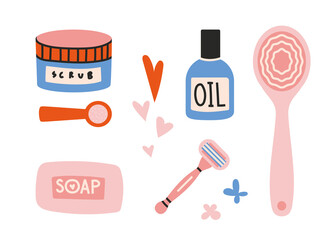 Cosmetics and tools for body care, cartoon style. Personal hygiene set of bathroom equipment