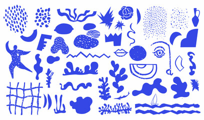 Set of fashionable doodles and abstract nature icons on isolated white background. Minimalist art, boho style decor. Vector. Unusual organic shapes in hand drawn matisse style. Blue color.