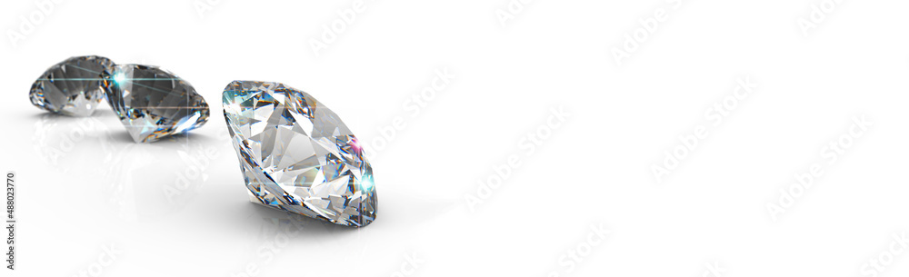 Wall mural diamonds isolated 3d rendering illustration.round cut diamond on white glossy background, rear light