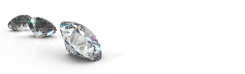 Diamonds isolated 3D rendering illustration.Round cut diamond on white glossy background, rear light, shadow, caustics rays. - 488023770