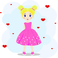 Little cute blonde girl in a pink dress with white polka dots