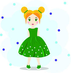Little cute red-haired girl in a green dress with white polka dots