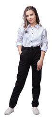 office worker young lady in full-length trousers and white blouse, isolate