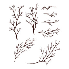 Obraz premium Mystic forest leafless tree branches vector illustration set isolated on white. Boho Halloween spooky boughs print collection.