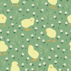 Seamless pattern with cute yellow chicks and white flowers on a green meadow. Agriculture background. Easter vector illustration.