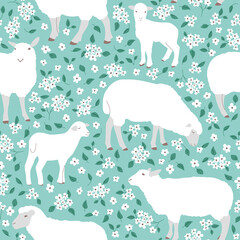 Seamless pattern with sheeps, lambs and white flowers on a green background. Easter vector illustration.
