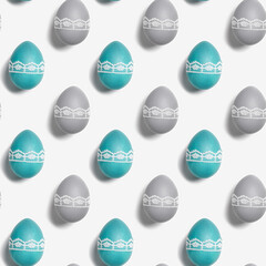 Painted Easter egg pattern, pastel colored and handmade decorated on white background. Festive set chicken eggs with tape lace decor. Holiday food, symbol easter, design aesthetic layout
