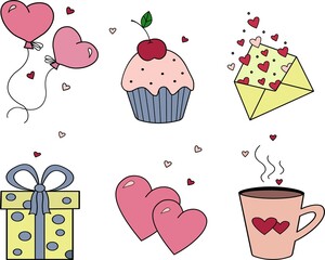 Cute set with heart,balloons, gift,letter, cupcake