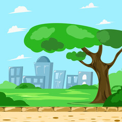 A city park with trees and bushes and houses.