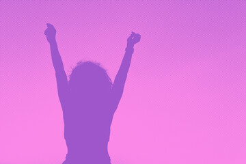 Silhouette of woman with arms raised. Feeling of happiness and victory. Copy space. Half tone.