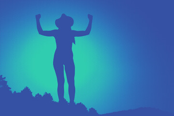 Silhouette of woman wearing a hat. Concept of strength and overcoming. Overcoming problems. Reaching a goal. Copy space. Half tone.