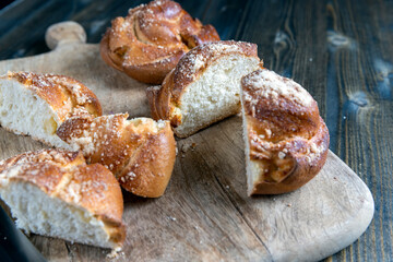 wheat fresh bun with filling cut into pieces