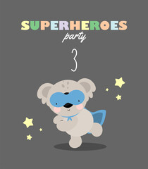 Birthday Party, Greeting Card, Party Invitation. Kids illustration with Cute Koala Superhero and an inscription three. Vector illustration in cartoon style.