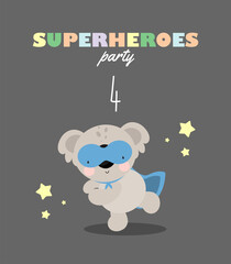 Birthday Party, Greeting Card, Party Invitation. Kids illustration with Cute Koala Superhero and an inscription four. Vector illustration in cartoon style.