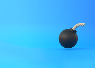 Stylized black spherical bomb isolated over blue background. Minimal creative concept. 3D rendering illustration
