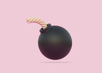 Stylized black spherical bomb isolated over pink background. Minimal creative concept. 3D rendering illustration - obrazy, fototapety, plakaty