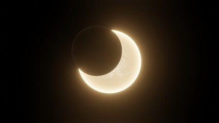 The Moon orbits the sun. Solar eclipse. 3d render.