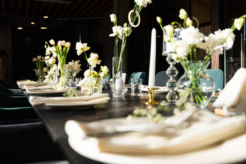 Table set for holiday, event, party or wedding reception in a restaurant