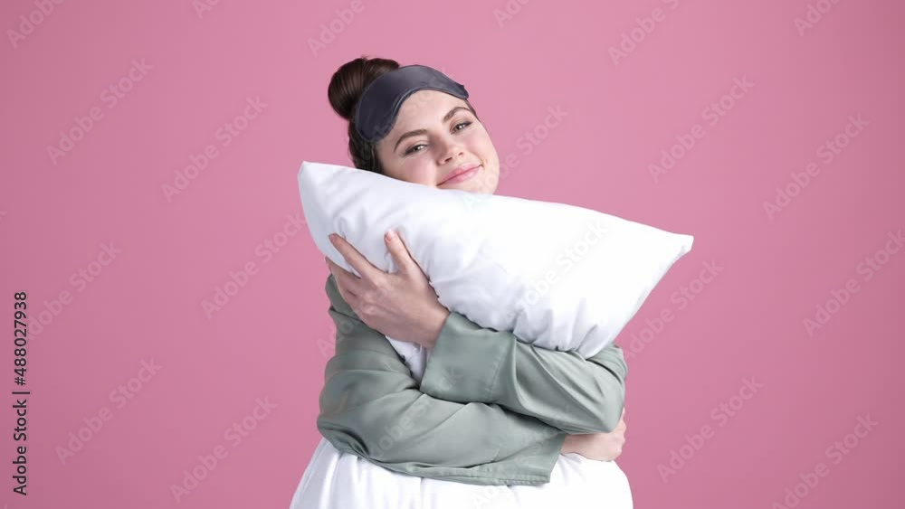 Poster sleepy lady lazy cuddle pillow enjoy isolated pastel color background