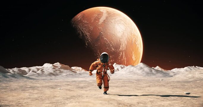 Male Astronaut in Space Suit Confidently Running On An Alien Planet. Red Planet Mars Is Visible In Sky.