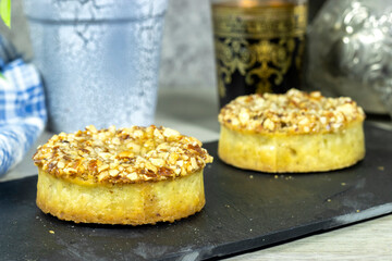 delicious homemade almond pie or tartlet and Arabic tea. ramadan kareem concept