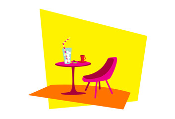 A cool drink on a hot day in a small street cafe. Table. Chair. Cocktail with ice. Vector image for prints, poster and illustrations.