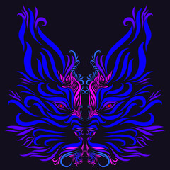 lynx with graceful elegant blue and purple lines on a dark background