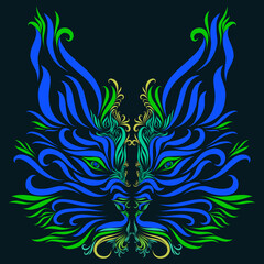 lynx with graceful elegant blue and green lines on a dark background
