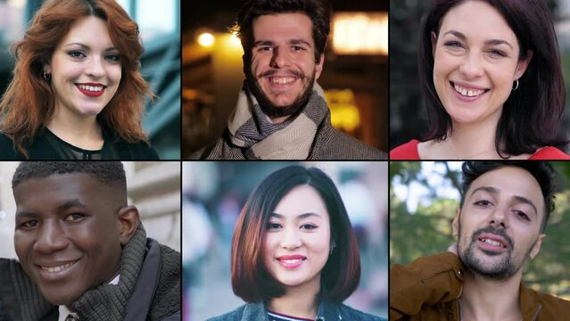 Split screen with six people of various nationalities who smile