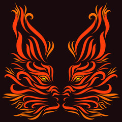 head of a predatory red lynx with graceful elegant red lines on a dark background