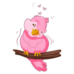 A little pink bird in love on a branch. Nice illustration. Postcard.