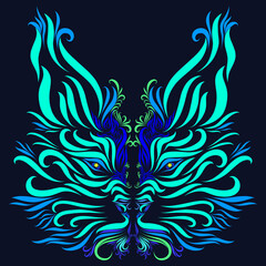 lynx with graceful elegant blue and green and turquoise lines on a dark background