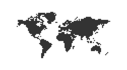 World map in pixel art style. Globe flat icon. Vector isolated black