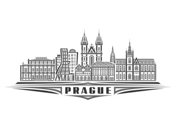 Vector illustration of Prague, monochrome horizontal poster with linear design famous prague city scape, urban line art concept with decorative lettering for black word prague on white background - obrazy, fototapety, plakaty