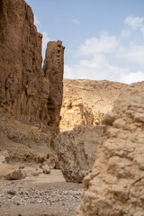 Mountains, rocks and hills of Judean desert in Israel, Middle East landmarks of Old Testament Bible times. Aerial view of Dead sea spa and recreation areas. High quality photo