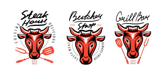 Bull with barbecue tools logo vector. Emblem for Butcher shop, Grill bar, Steakhouse