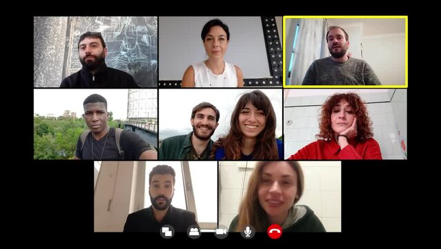 Video call between friends who listen to one of them telling in split screen