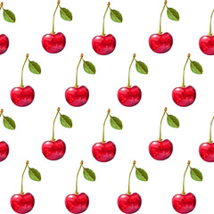 Illustration realism seamless pattern berry red cherry with green leaf on a white isolated background. High quality illustration